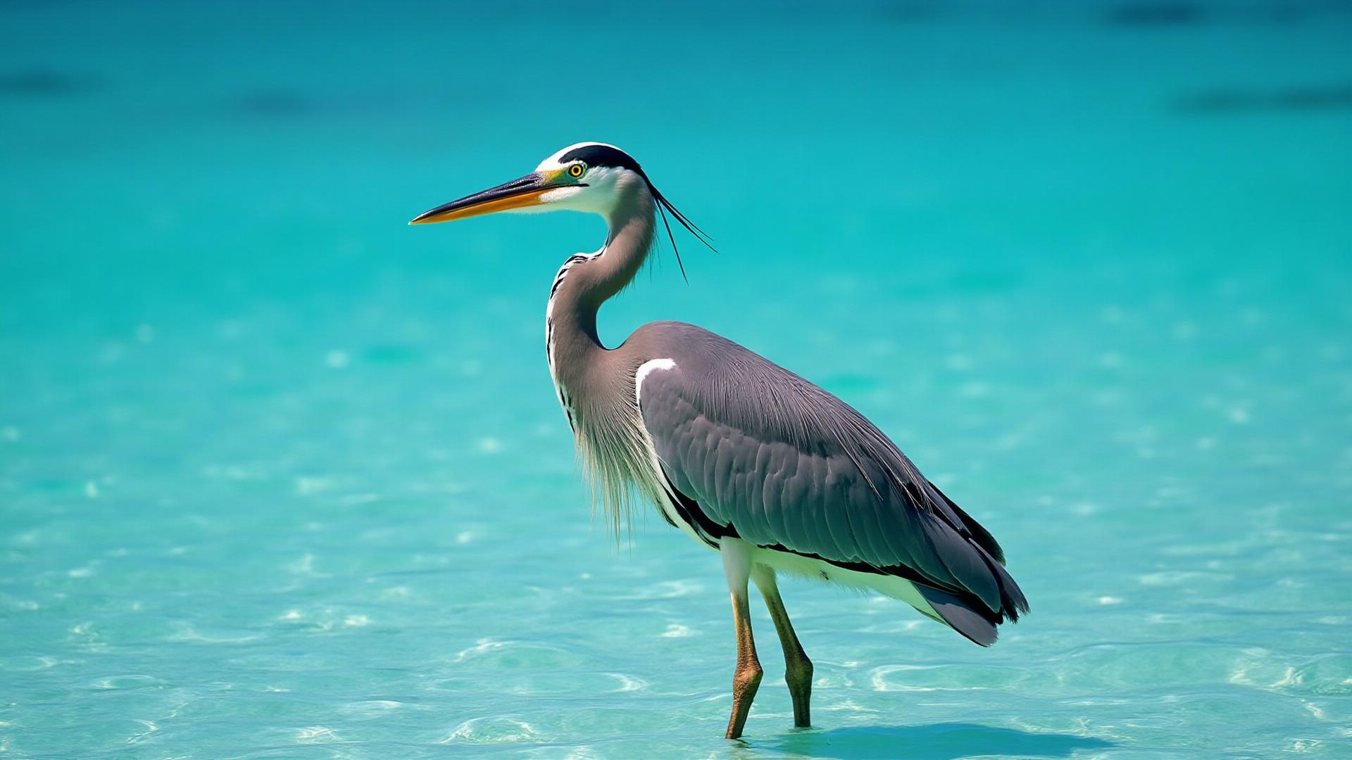 Grey heron standing in clear Maldivian lagoon water
